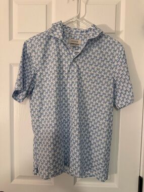 Bugatchi Short Sleeve Polo Shirt Blue White Floral Pattern Stretch
